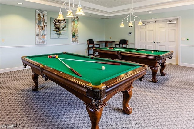 14768 Cranberry Ct, Naples, FL 34114 - game room featuring baseboards, a raised ceiling, carpet, billiards, and recessed lighting