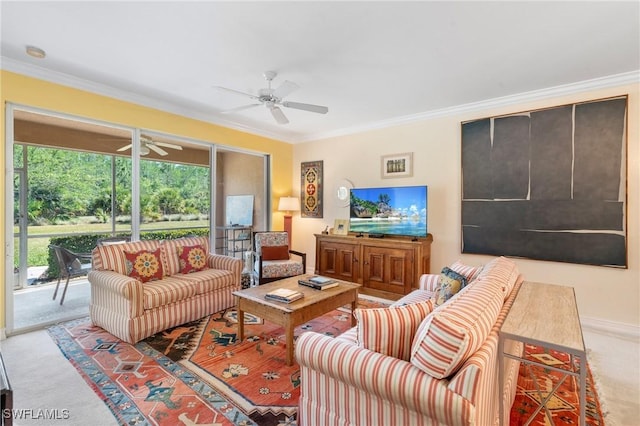 10520 Amiata Way Unit 104, Fort Myers, FL 33913 - carpeted living area with ceiling fan and crown molding