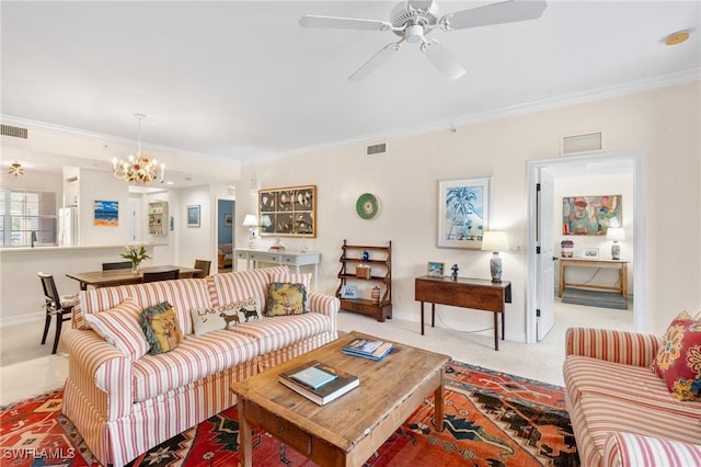 10520 Amiata Way Unit 104, Fort Myers, FL 33913 - living area featuring carpet flooring, crown molding, a chandelier, and a ceiling fan