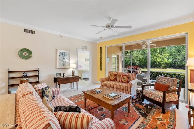 10520 Amiata Way Unit 104, Fort Myers, FL 33913 - carpeted living room with ornamental molding and a ceiling fan
