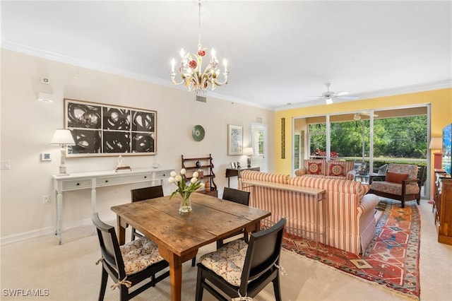 10520 Amiata Way Unit 104, Fort Myers, FL 33913 - carpeted dining space featuring ornamental molding, ceiling fan, and a chandelier