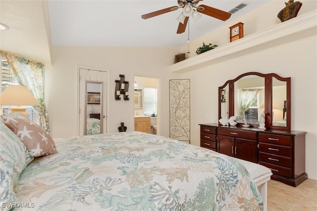 bedroom with multiple windows, lofted ceiling, ceiling fan, and visible vents