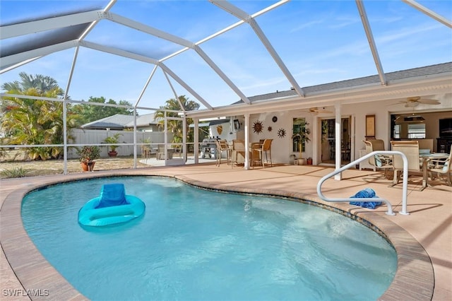 view of pool featuring fence, ceiling fan, a patio, and a fenced in pool