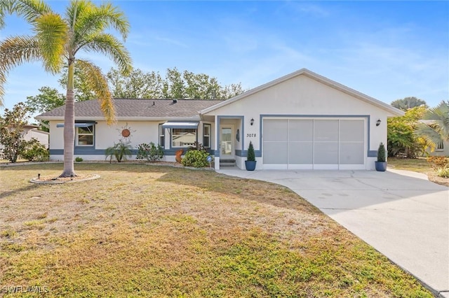 ranch-style house with stucco siding, an attached garage, driveway, a front yard, and a shingled roof
