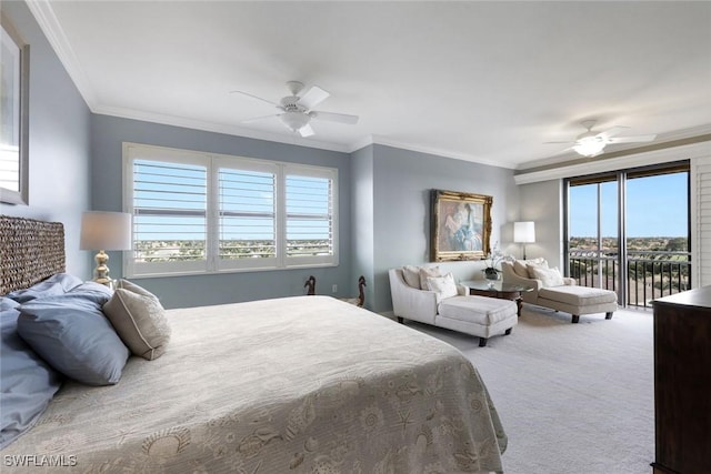 carpeted bedroom featuring a ceiling fan, access to outside, and crown molding