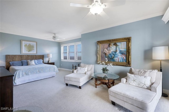 bedroom featuring a ceiling fan, carpet floors, ornamental molding, and baseboards