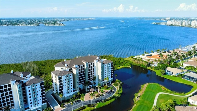 birds eye view of property featuring a water view