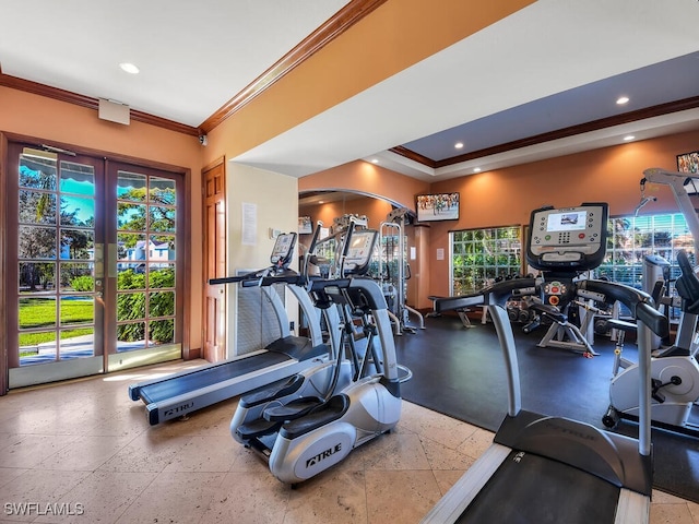1180 Wildwood Lakes Blvd Unit 207, Naples, FL 34104 - workout area featuring a wealth of natural light, recessed lighting, and crown molding