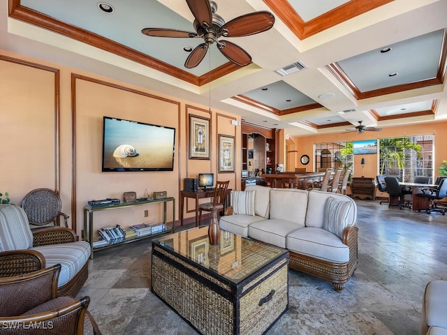1180 Wildwood Lakes Blvd Unit 207, Naples, FL 34104 - living area with crown molding, stone tile floors, a ceiling fan, visible vents, and coffered ceiling