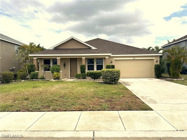 8091 Allamanda Ct, Lehigh Acres, FL 33972 - ranch-style house featuring a front lawn, stucco siding, a garage, and concrete driveway
