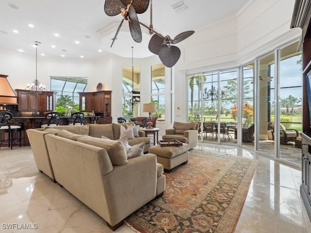 4244 Brynwood Dr, Naples, FL 34119 - living room with marble finish floor, a towering ceiling, and a healthy amount of sunlight