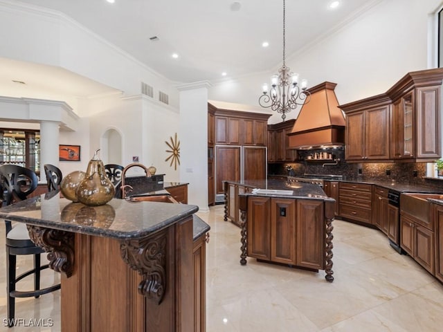 4244 Brynwood Dr, Naples, FL 34119 - kitchen featuring a kitchen breakfast bar, premium range hood, backsplash, a high ceiling, and a large island
