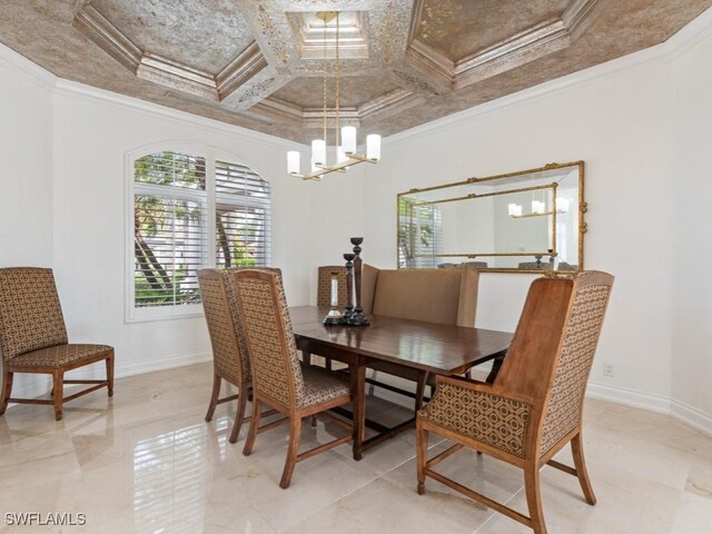 4244 Brynwood Dr, Naples, FL 34119 - dining room featuring baseboards, ornamental molding, coffered ceiling, and a notable chandelier