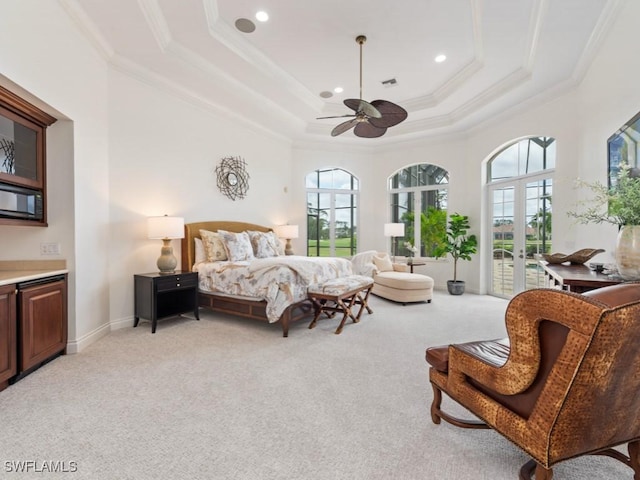 4244 Brynwood Dr, Naples, FL 34119 - bedroom with light colored carpet, ornamental molding, access to outside, and a raised ceiling