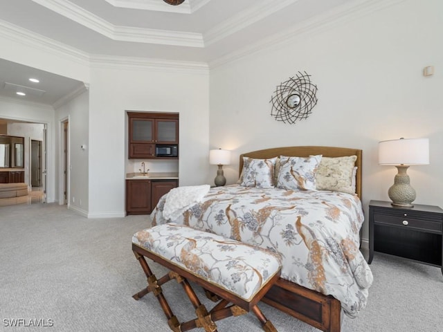 4244 Brynwood Dr, Naples, FL 34119 - bedroom with crown molding, baseboards, a sink, light carpet, and indoor wet bar