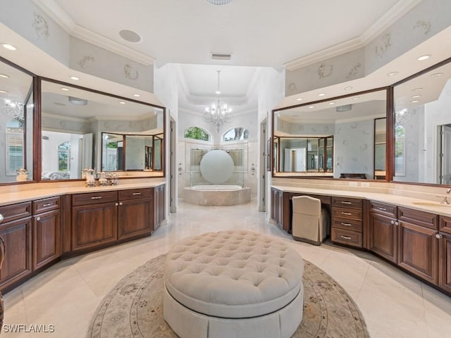 4244 Brynwood Dr, Naples, FL 34119 - bathroom with visible vents, crown molding, a sink, and an inviting chandelier