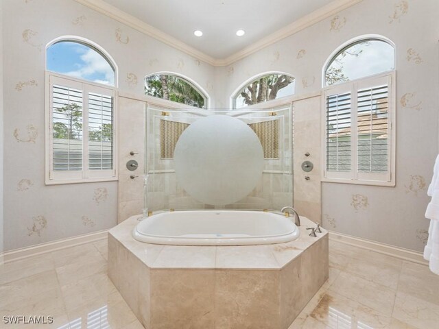 4244 Brynwood Dr, Naples, FL 34119 - bathroom featuring baseboards, tiled shower, ornamental molding, and a bath