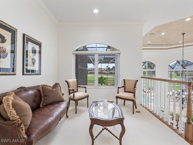 4244 Brynwood Dr, Naples, FL 34119 - living area with carpet floors, recessed lighting, and crown molding
