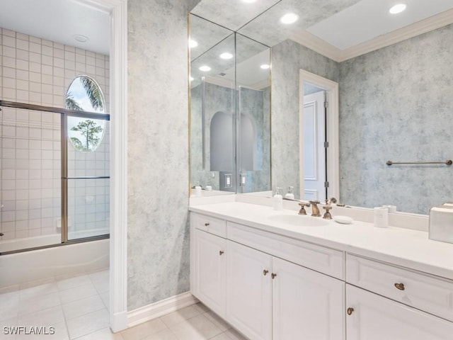 4244 Brynwood Dr, Naples, FL 34119 - bathroom featuring tile patterned floors, vanity, baseboards, wallpapered walls, and shower / bath combination with glass door