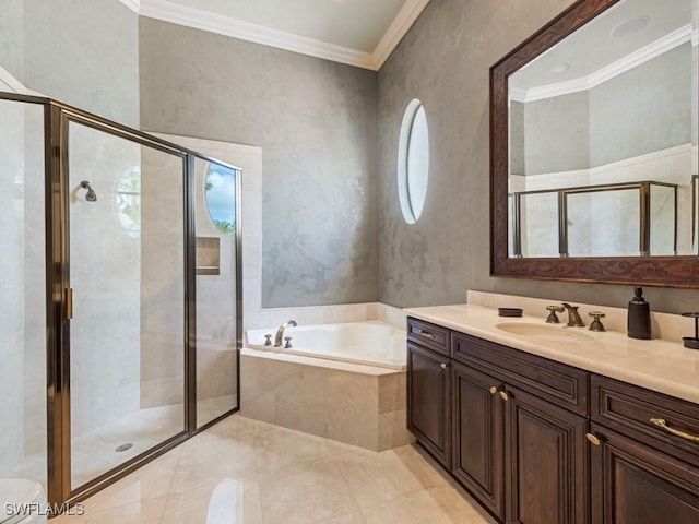 4244 Brynwood Dr, Naples, FL 34119 - bathroom featuring a shower stall, crown molding, vanity, and a bath