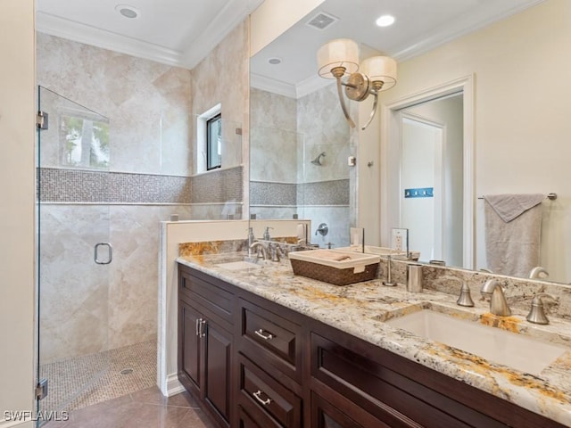 4244 Brynwood Dr, Naples, FL 34119 - bathroom with a shower stall, visible vents, crown molding, and a sink
