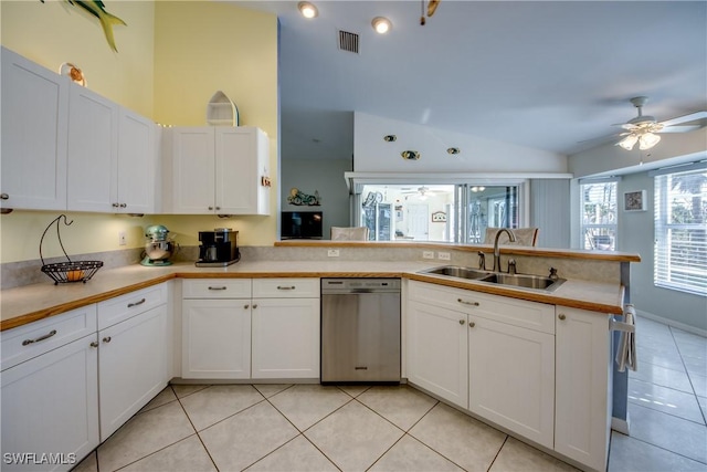 kitchen featuring visible vents, a peninsula, a ceiling fan, white cabinetry, and a sink