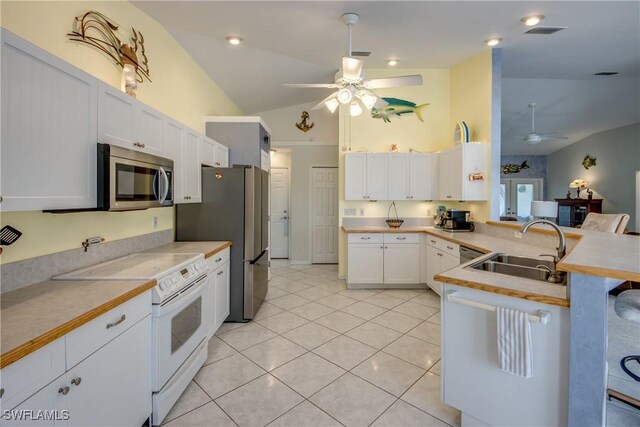 kitchen featuring lofted ceiling, a sink, stainless steel appliances, and a ceiling fan