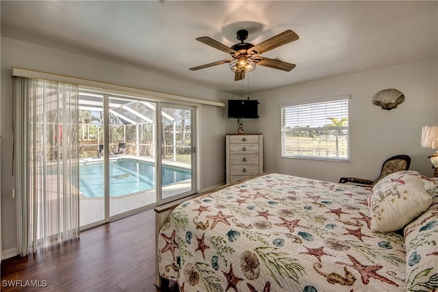 bedroom featuring a ceiling fan, dark wood-style floors, and access to exterior