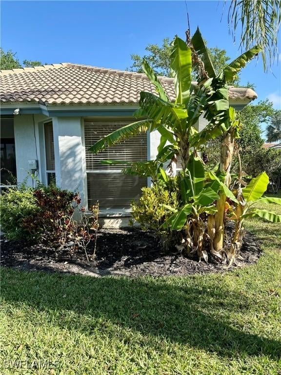 4830 Shearwater Ln, Naples, FL 34119 - view of home's exterior featuring a tile roof, stucco siding, and a lawn