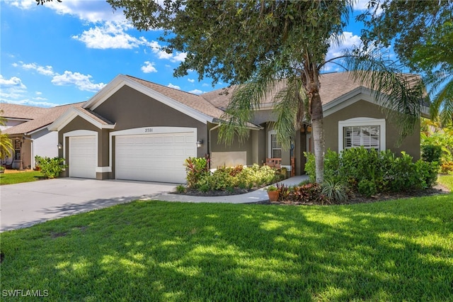 3701 Bali Ln, Estero, FL 33928 - ranch-style home featuring an attached garage, concrete driveway, a front lawn, stucco siding, and a shingled roof