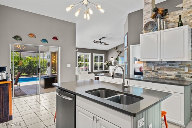 3701 Bali Ln, Estero, FL 33928 - kitchen with a chandelier, stainless steel dishwasher, backsplash, a sink, and dark countertops