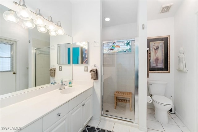 3701 Bali Ln, Estero, FL 33928 - full bathroom featuring vanity, toilet, a shower stall, tile patterned floors, and visible vents