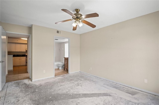8245 Ibis Club Dr Unit 401, Naples, FL 34104 - unfurnished bedroom with connected bathroom, baseboards, visible vents, and ceiling fan