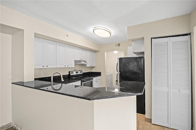 8245 Ibis Club Dr Unit 401, Naples, FL 34104 - kitchen featuring freestanding refrigerator, a peninsula, under cabinet range hood, white cabinets, and electric range