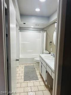 bathroom featuring shower / bath combination, toilet, tile patterned flooring, and vanity
