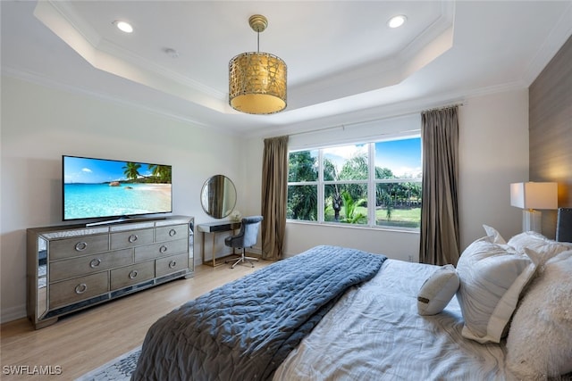 10327 Carolina Willow Dr, Fort Myers, FL 33913 - bedroom with a tray ceiling, ornamental molding, light wood-style flooring, and recessed lighting