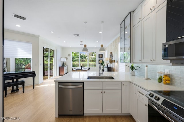 10327 Carolina Willow Dr, Fort Myers, FL 33913 - kitchen with stainless steel appliances, a sink, a peninsula, light countertops, and light wood-style floors