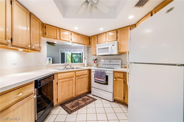 9648 Windsor Gardens Ln Unit 104, Fort Myers, FL 33919 - kitchen with white appliances, light tile patterned floors, a sink, recessed lighting, and a ceiling fan