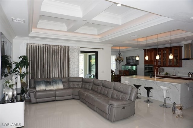 3393 21st Ave SW, Naples, FL 34117 - living area with coffered ceiling, beam ceiling, visible vents, a notable chandelier, and crown molding