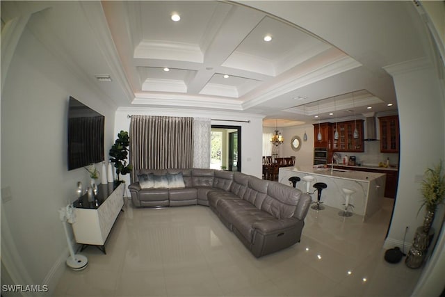 3393 21st Ave SW, Naples, FL 34117 - living room featuring recessed lighting, coffered ceiling, a chandelier, beamed ceiling, and crown molding