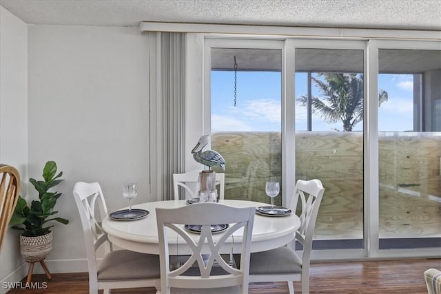dining area with baseboards, expansive windows, a textured ceiling, and wood finished floors