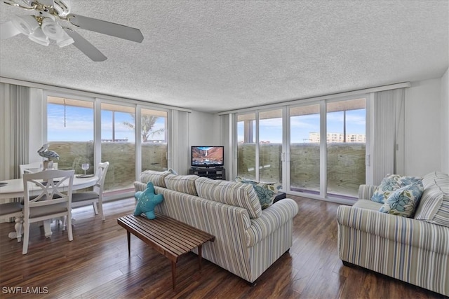 living area with floor to ceiling windows, dark wood-type flooring, and a textured ceiling