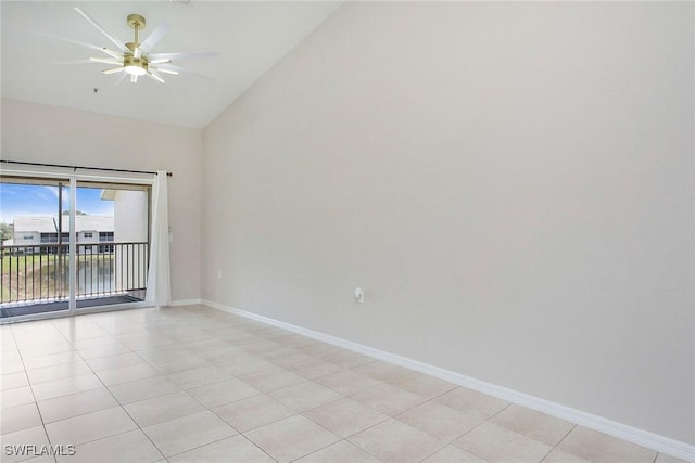4940 Cougar Ct S Unit 201, Naples, FL 34109 - empty room featuring baseboards, high vaulted ceiling, a ceiling fan, and light tile patterned flooring
