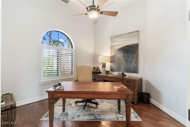 12581 Vittoria Way, Fort Myers, FL 33912 - home office with hardwood / wood-style floors, healthy amount of natural light, ceiling fan, and a towering ceiling