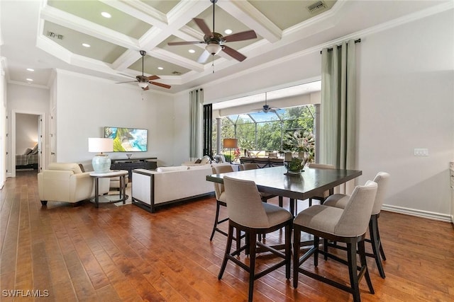 12581 Vittoria Way, Fort Myers, FL 33912 - dining room with coffered ceiling, beam ceiling, ceiling fan, dark wood-type flooring, and a towering ceiling