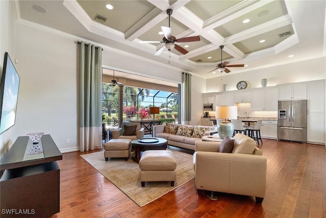 12581 Vittoria Way, Fort Myers, FL 33912 - living room featuring a towering ceiling, dark wood-style flooring, beamed ceiling, coffered ceiling, and ceiling fan
