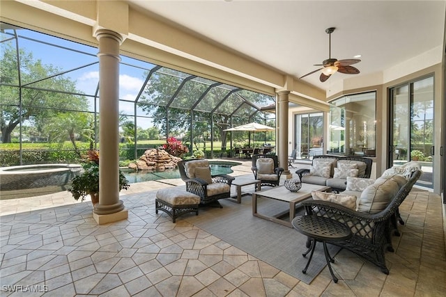 12581 Vittoria Way, Fort Myers, FL 33912 - view of patio featuring an in-ground hot tub, outdoor lounge area, an outdoor pool, glass enclosure, and ceiling fan