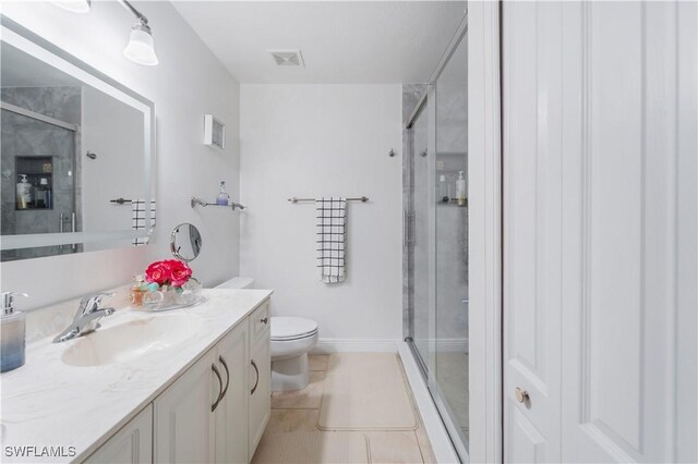 full bath with tile patterned flooring, vanity, toilet, a stall shower, and visible vents