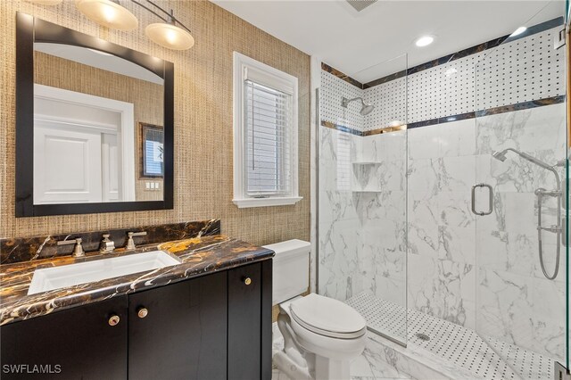 26628 Hickory Blvd, Bonita Springs, FL 34134 - bathroom with a shower stall, vanity, and marble finish flooring