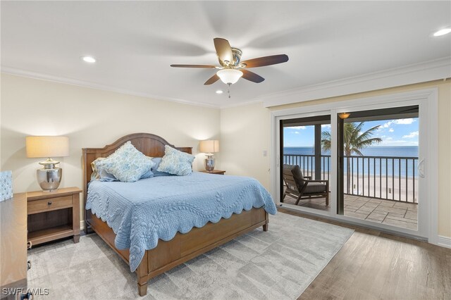 26628 Hickory Blvd, Bonita Springs, FL 34134 - bedroom with light wood-type flooring, access to outside, ornamental molding, recessed lighting, and ceiling fan